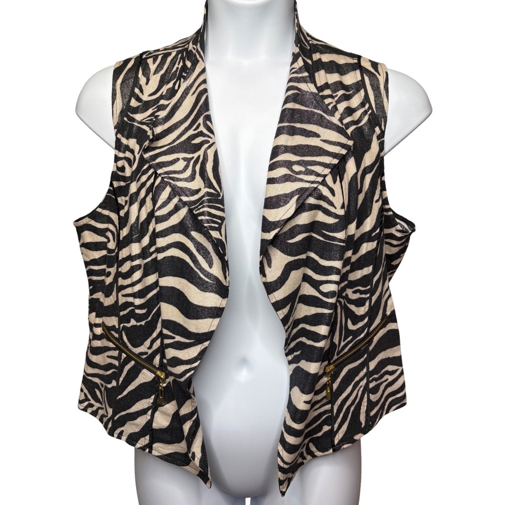 CHICO'S Womens Black Cream Metallic Zebra Vest Sz 2/L Draped Layering Glam Chic